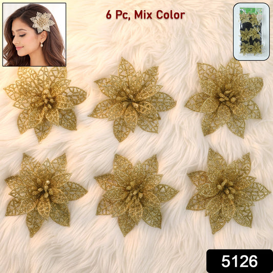 Glitter Flower Hair Clip Set (6 Pc Mix Color Set)